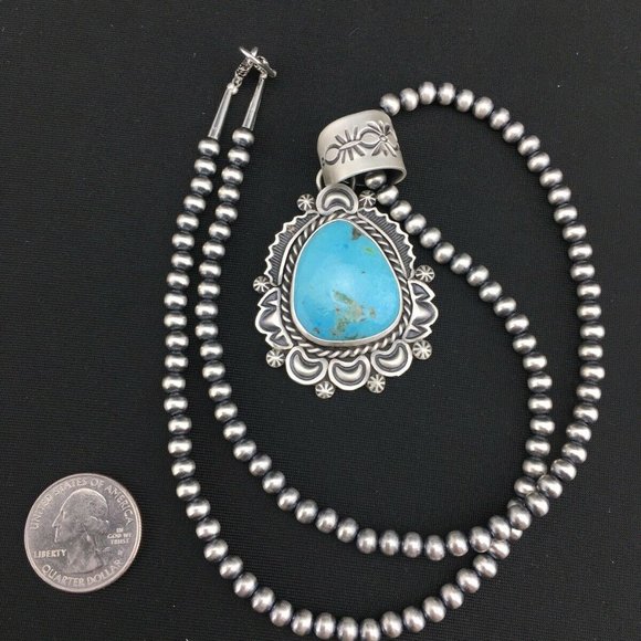 Navajo Sterling Silver Blue Necklace Pendant Ln 20 - Picture 10 of 12